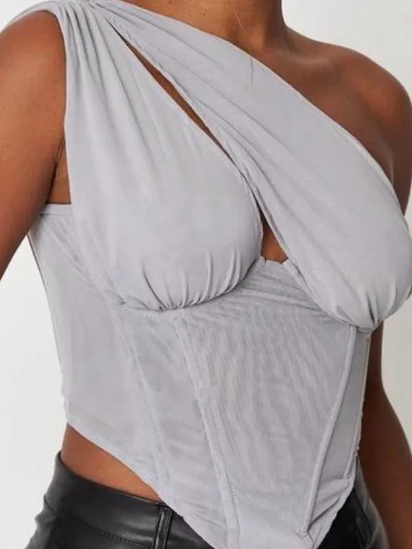 Missguided One-Shoulder Light Gray mesh Corset zip up Top size 6 - Image 2