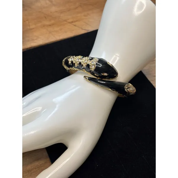 Gold & Black Snake-Inspired Hinged Bangle Bracelet With Rhinestone Embellishment - Image 2