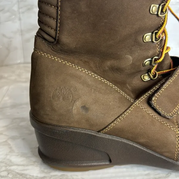 Timberland Brown Nubuck Leather Lace Up Wedge Boots size 9.5‎ - Image 6