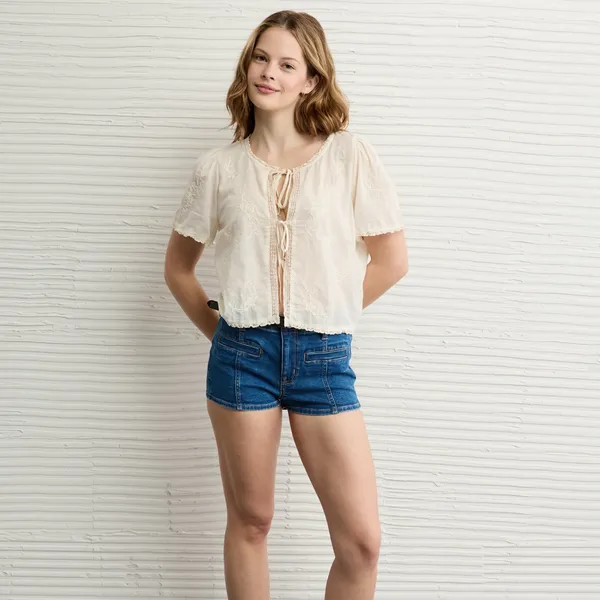 American Eagle Short-Sleeve High Neck Tie Front Shirt - Image 2