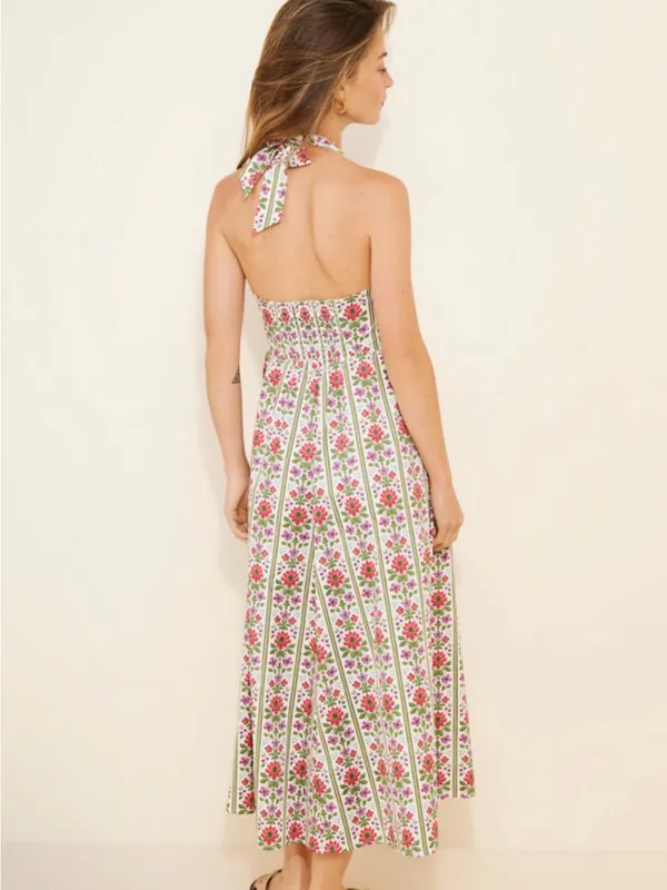 HILL HOUSE The Fleur Midi Dress Green Floral Block Stripe Size Small - Image 2