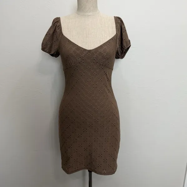 Y2K M Medium Babydoll Dress Eyelet Lace Coquette Fairy Ambiance Romantic‎ Brown - Image 3