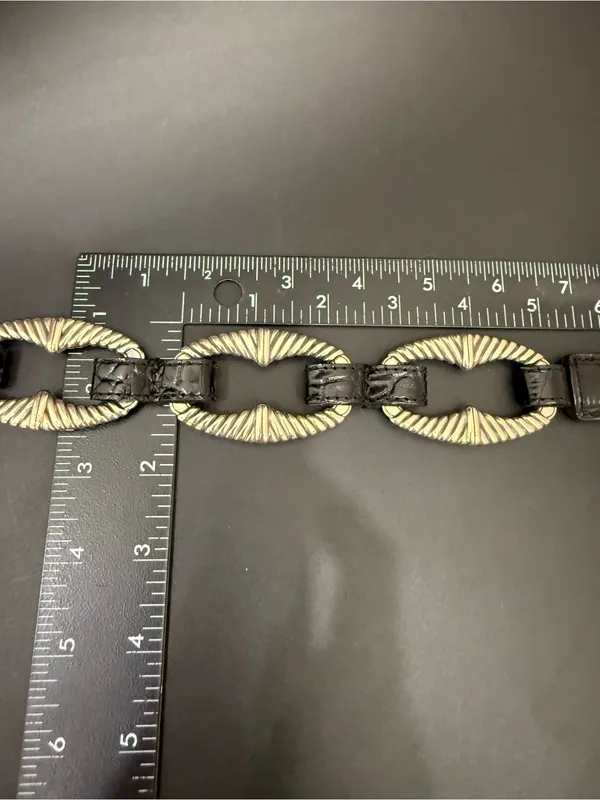 Vintage BRIGHTON B3094 Black Croc Leather Silver-plated Oval Links Belt Size 32 - Image 9