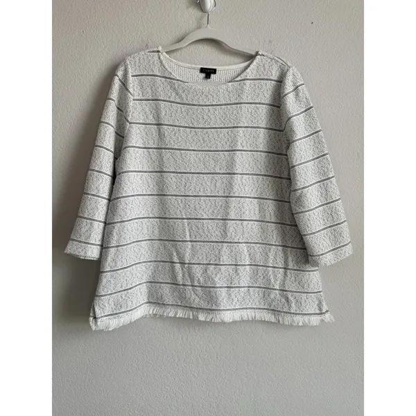 Talbots Women's Size Large 3/4 Sleeve Fringe Hem Sweater Top White Black Stripes - Image 5