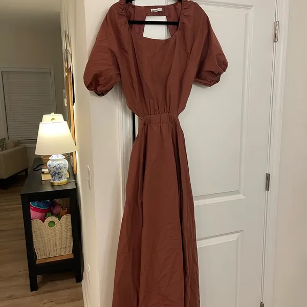 Abercrombie & Fitch Cut Out Puff Sleeve Midi Dress Brown Sz Medium - Image 4