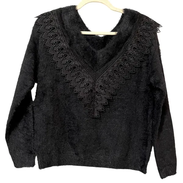 En Crème Black V Neck Lace Collar Fuzzy Sweater Womens S Whimsigoth Witchy - Image 2
