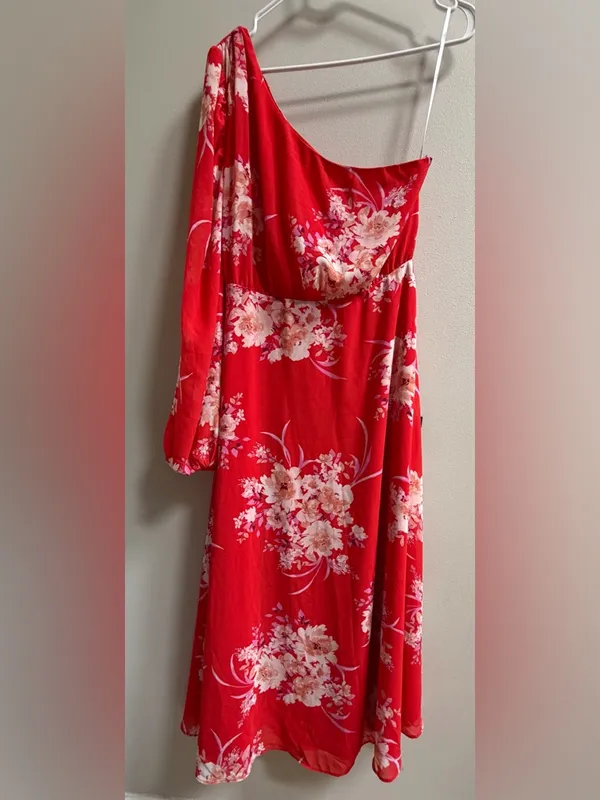 NEW Lulus Brunch Besties Red Floral One Shoulder Midi‎ Graduation Wedding Dress - Image 2