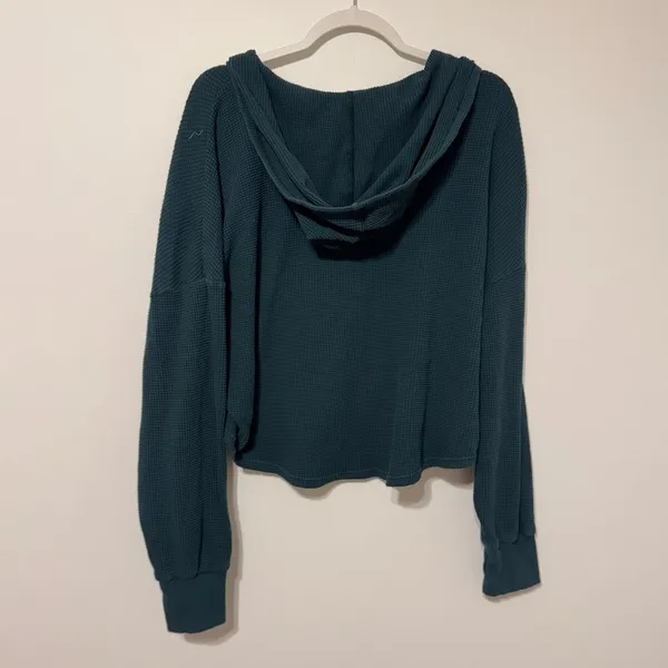Aerie Waffle Way Back Hoodie Oversized Size Small Green Knit Lightweight Offline - Image 7