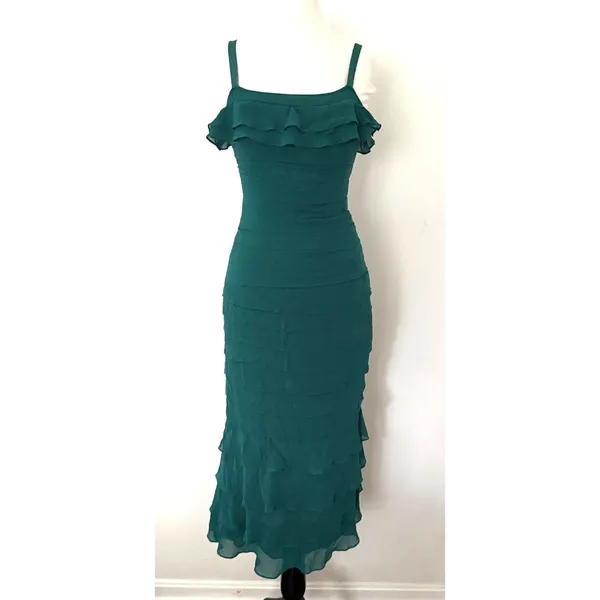 Gilar VTG Green Chiffon Silk Mermaidcore Whimsical Flounce Strap Dress 8 -Stain - Image 2