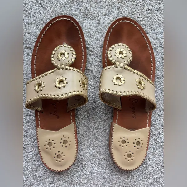 Jack Rogers Cream and Brown Sandals with Perforated Leather Strap - Image 3