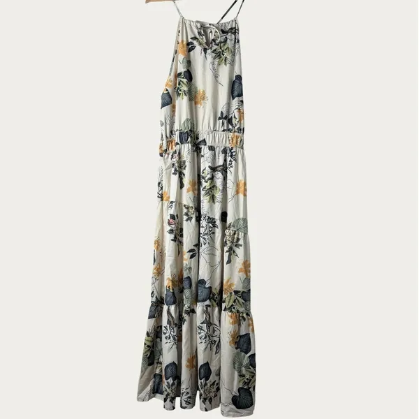 Floral Maxi Dress Women 2XL Cream Tropical Boho Tiered Halter Sleeveless Spring - Image 2