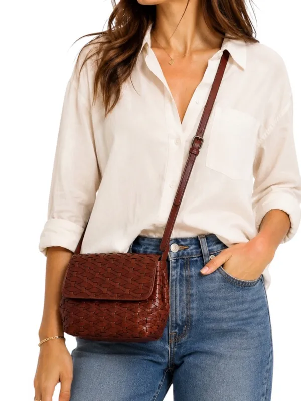 Dillards Woven Leather Cognac Brown Crossbody Bag Fisherman - Image 2