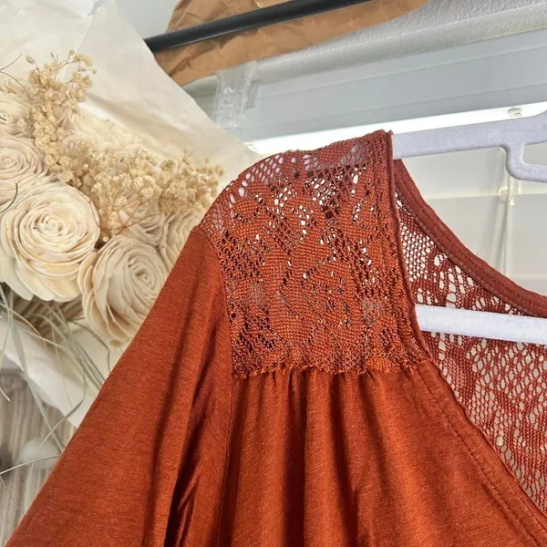 Free People Rust Lace Inset baby doll Boho Tunic Top Size M - Image 5
