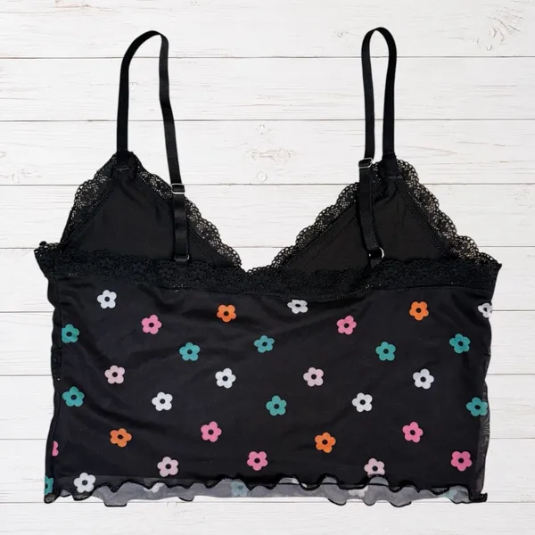 Whimsigoth Y2K Black Floral Lace Cami Top Colorful Flowers M - Image 3