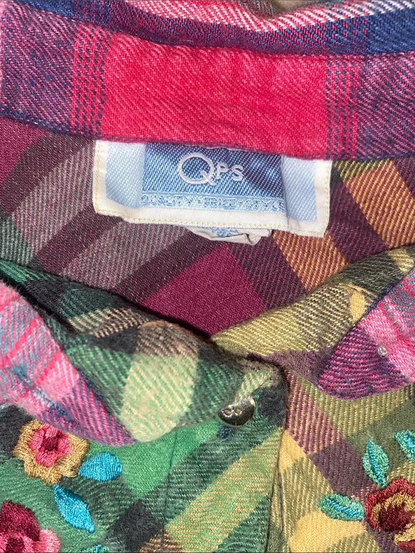 90s QPS Patchwork Embroidered Plaid Flannel Button - Image 2