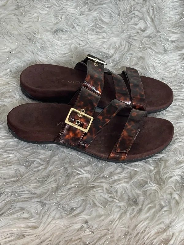 Vionic Women’s Brown Adjustable Triple-Strap Slide Sandals Gold Buckle Size 9USA - Image 9