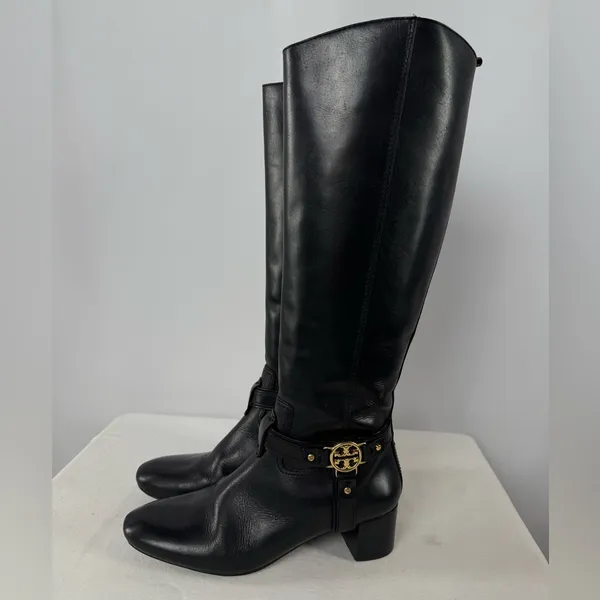 Vintage Y2K Tory Burch Leather Gold Logo Knee High Heeled Boots in Black Size‎ 7 - Image 5