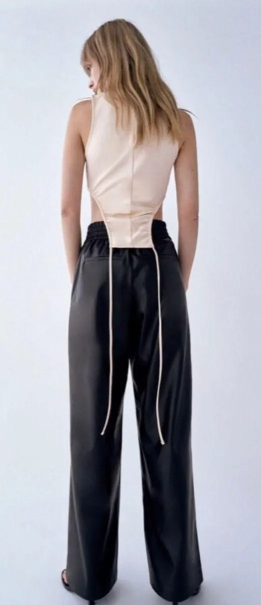 ZARA Black Faux Leather Wide Leg Pants Trousers - Image 2