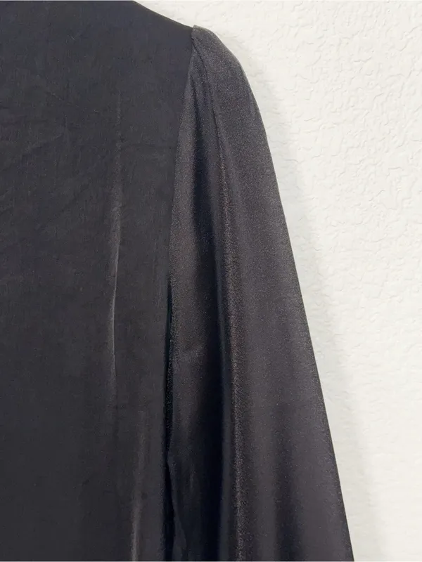 Miss Sparkling Black Satin Surplice Wrap Blouse Draped Long Sleeve Elegant Top - Image 7