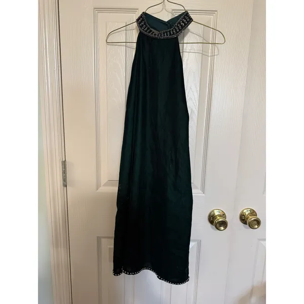 NBD Dark Green Velvet Studded Halter Mini Dress Open Back Scalloped Hem Small - Image 3