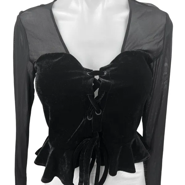 NBD Black Mesh Velour Velvet Long Sleeve Lace Up Crop Peplum Blouse Top Size S - Image 3