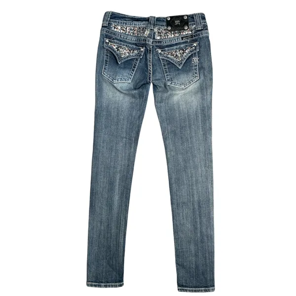 Miss Me Y2K Skinny Embellished Medium Wash Saddle Stitch Low Rise Jeans‎ Size 27 - Image 3