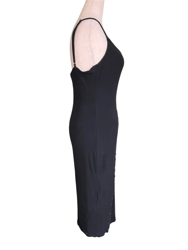 Blanc black ribbed-knit midi dress with asymmetric curved row of front buttons - Image 5