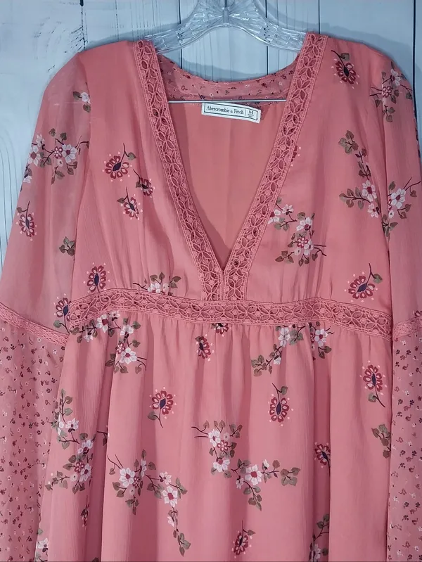 Abercrombie & Fitch Coral Floral Mixed Print Boho Festival Mini Babydoll Dress - Image 4