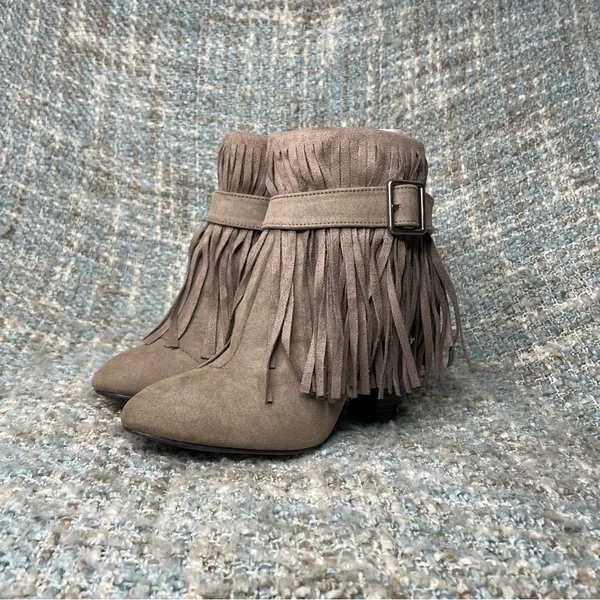 Qupid Women Almond Toe Belted Fringe Ankle Bootie in Taupe - Image 2