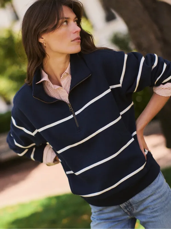 Marine Layer Cloud 9 Fleece Half Zip Sweatshirt NWT Size Large Navy Blue Stripe - Image 2