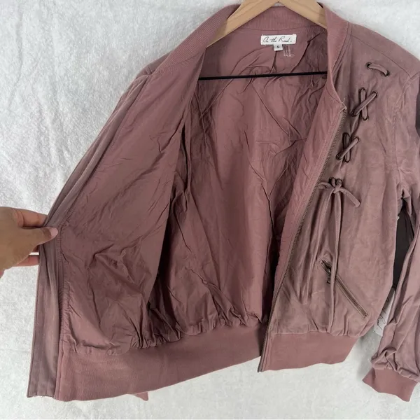 On The Road Mauve Pink Faux Suede Lace Up Zip Front‎ Bomber Jacket - Image 12