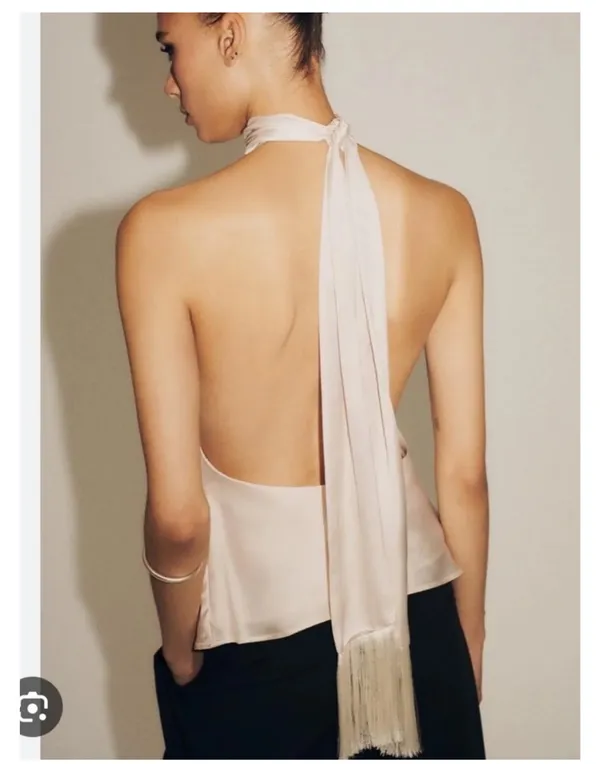 Zara Cream Satin Halter Cowl Top with Fringe - Image 2