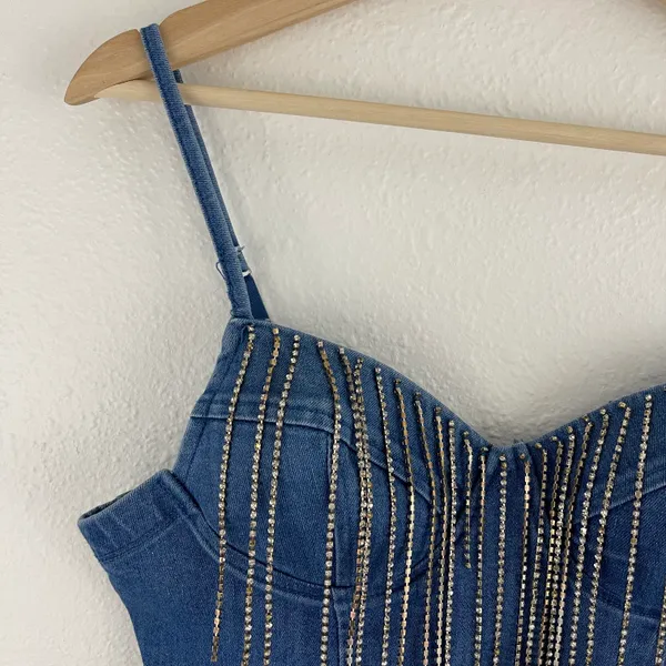 Haute Monde Y2K Vibes Blue Denim Cowgirl Western Rhinestone Fringe Crop Bustier Tank Top - Image 3