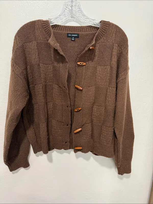 Blu Pepper women’s check pattern textured  Brown Toggle Cardigan size S - Image 2
