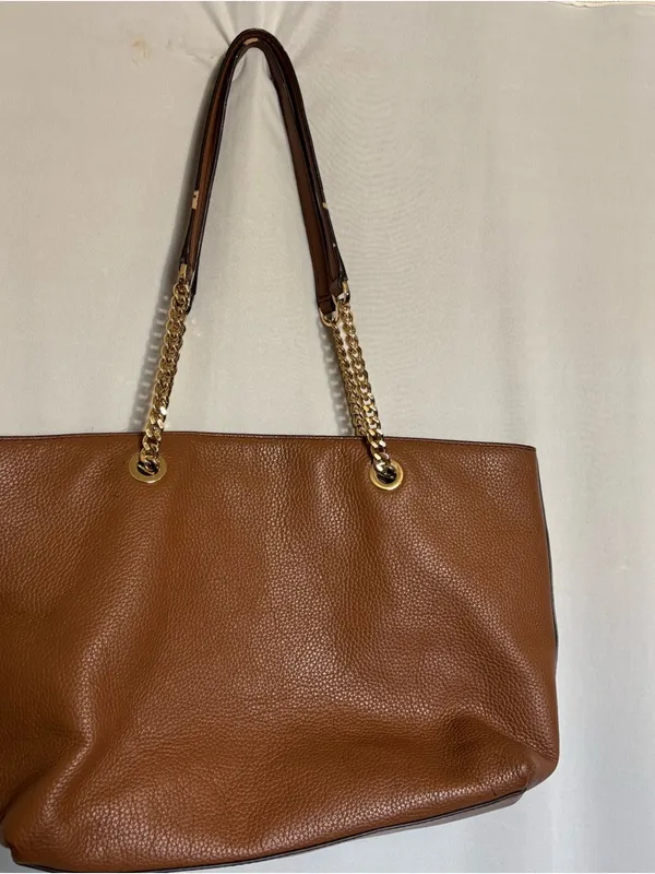 Michael Kors Cognac Pebbled Leather Tote with Gold Chain Straps zipper closure - Image 4