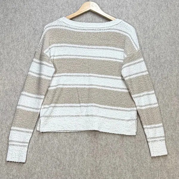 Abercrombie‎ & Fitch Striped Knit Sweater Tan White Small Crew Neck Long Sleeve - Image 2