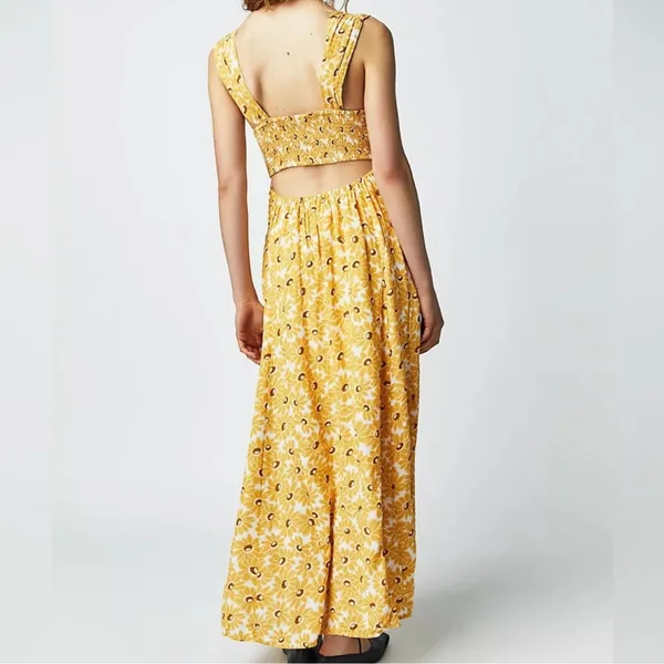 Free People Women’s Rosalee Midi Dress Yellow Combo Sunflowers Floral Print Sz M - Image 6