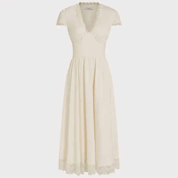 Rihoas Apricot V Neck Lace Maxi Dress - Image 13