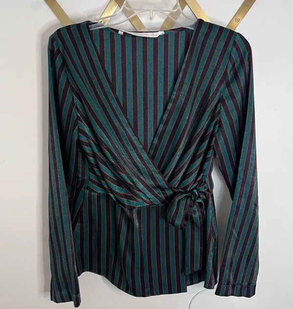 Zara Striped Sateen Wrap Blouse Medium Black - Image 3