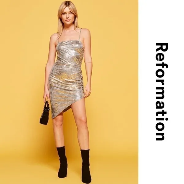 Reformation Dress Flare Ruched Stretchy Asymmetrical Mini‎ Party Silver L NWT - Image 9