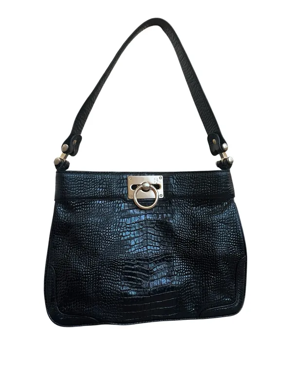 Vintage Ann Taylor Black Croc Embossed Leather Shoulder Bag Brass Hardware 90s - Image 2