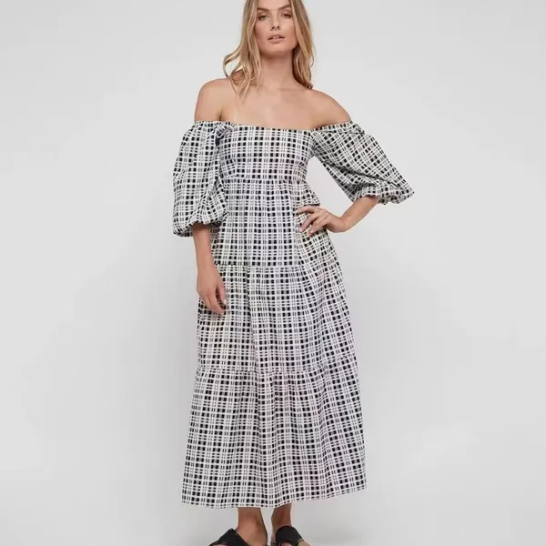 Faithfull the Brand Kiona Checker Print Puff Sleeve Midi Dress Black White M NWT - Image 9