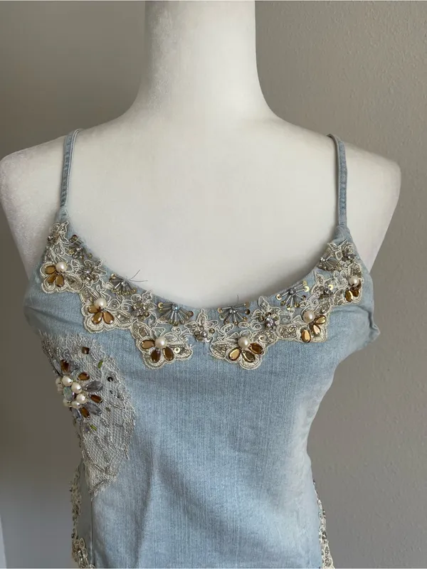 Embellished Light Blue Denim Cami Top Size L - Image 2