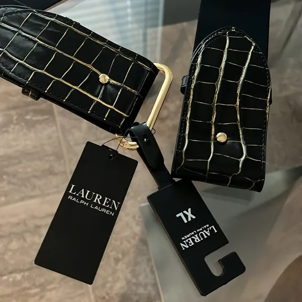 Ralph Lauren Embossed Leather Tab-Stretch Wide Belt Black/Gold NWT Sold Out! - Image 2