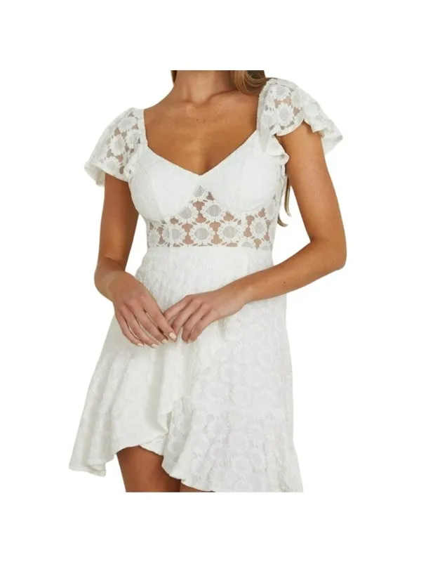 Flirty Daisy Floral Flutter Sleeve A-Line Boho Mini Dress White Size Large NWT - Image 4