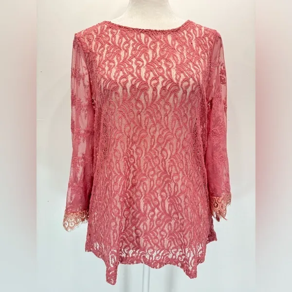 Sheer Mauve Mixed Lace Bell Sleeve Top Eyelash Fringe Gimmicks by BKE Fairy Boho - Image 6