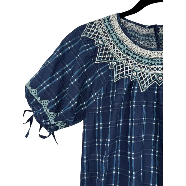 NWT Madewell Embroidered Puff-Sleeve Babydoll Dress Indigo Plaid Size XS Preppy‎ - Image 12