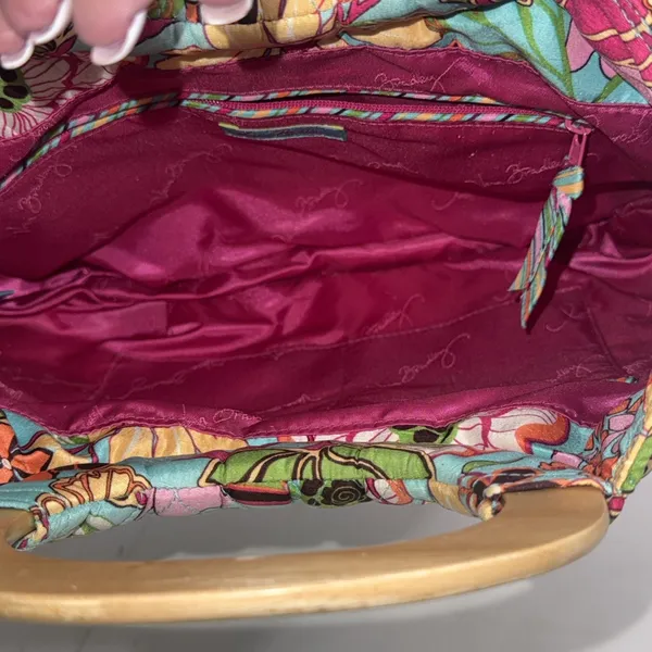 Vtg 2000s Vera Bradley Silk Quilted Floral Handbag Wooden Handles Pink Lining - Image 8
