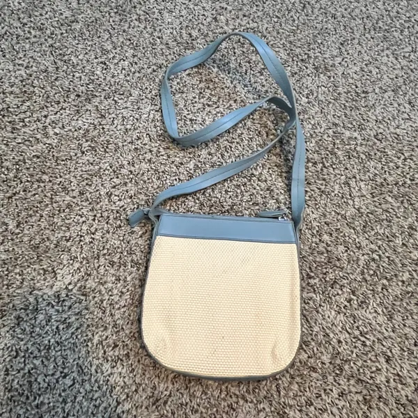 Etienne Aigner‎ Blue Leather Trim Woven Crossbody Bag Horseshoe Logo Cream - Image 3