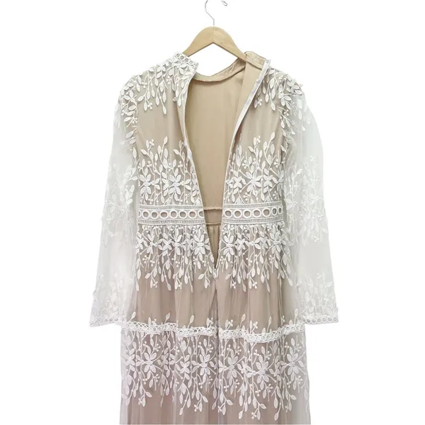 Bohme Lola Lace Midi Dress Small Beige Ivory Embroidered Sheer Long Sleeve Boho - Image 7